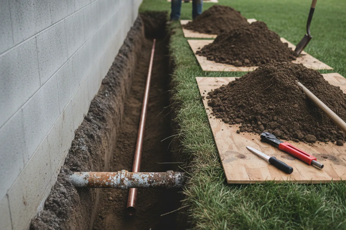 Excavated water line trench during Sewer Line Repair in Alba